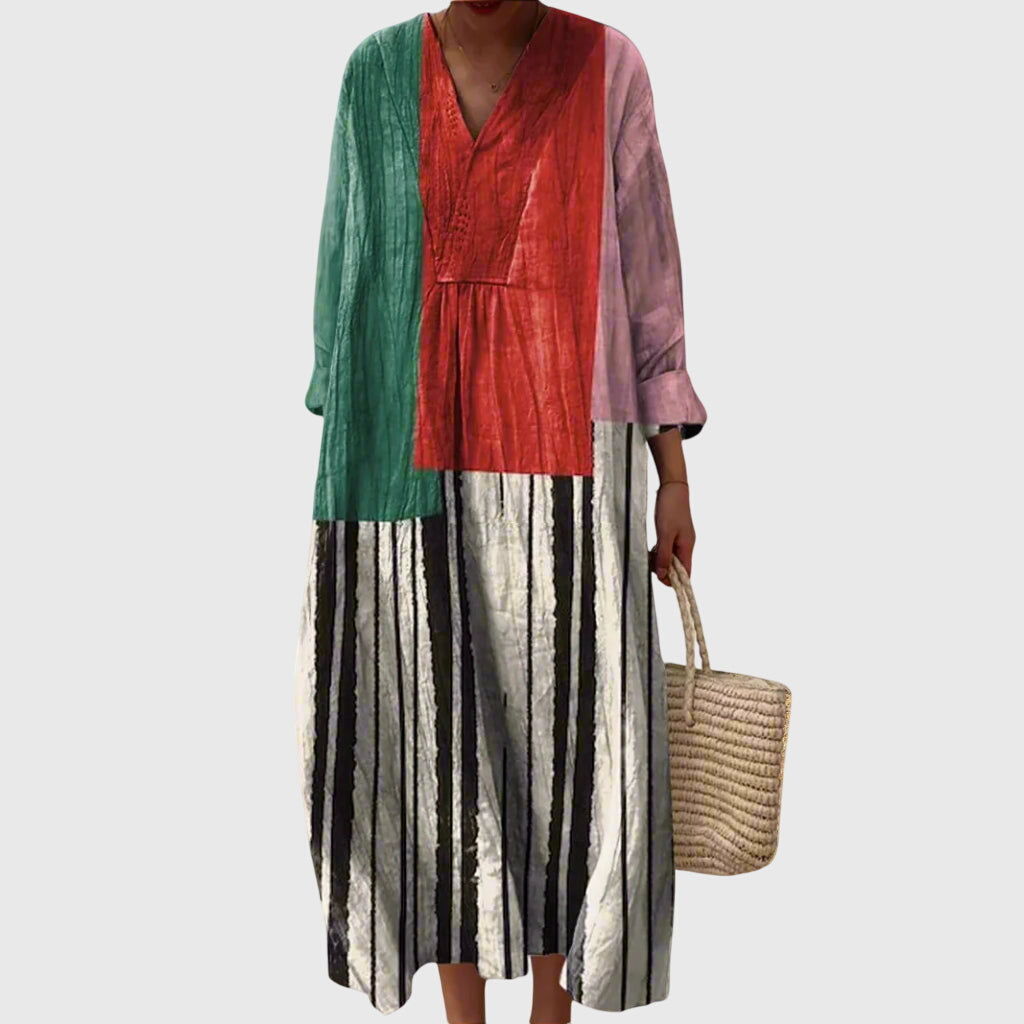 Karin™ | שמלת מקסי עם עיצוב בלוק צבע