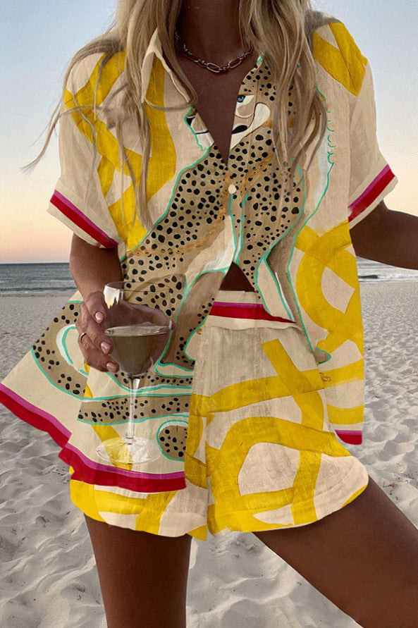 קסימה™ | סט קצר מל linen עם הדפסת ג'פראד